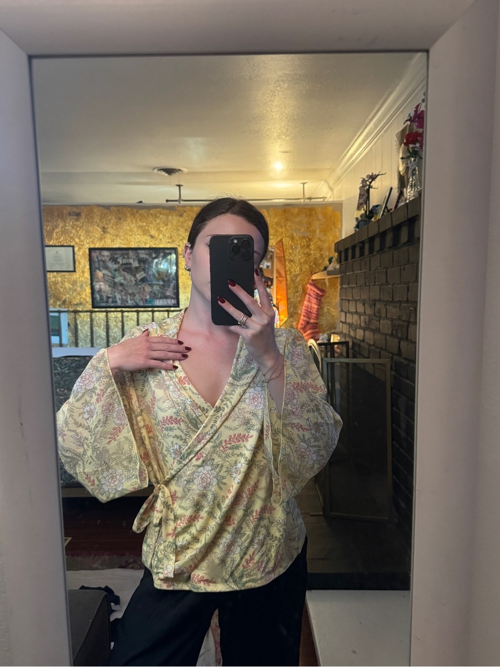 Chenault Yellow Floral Patterned Top with Pink and Green Accents